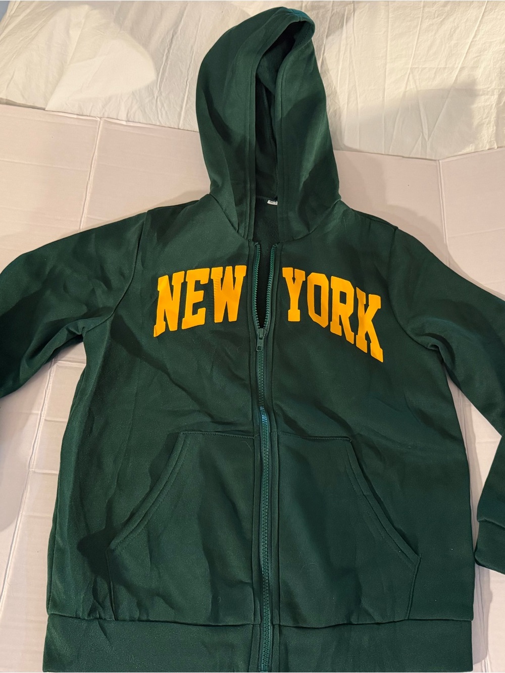 #225 !it jeans Dark Green Zip Hoodie with Yellow 'NEW YORK' Text